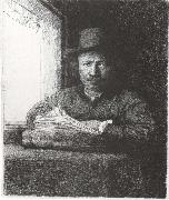 Rembrandt van rijn Self-Portrait Drawing at a window oil painting